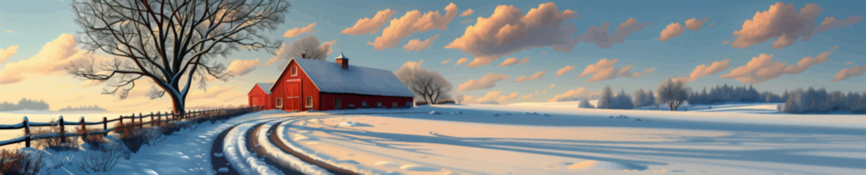 A red barn stands in a snow-covered field during sunset, with long shadows, a bare tree, and soft clouds in the winter sky. Generative ai vector illustration. Pop art comic book style imitation
