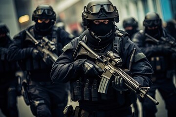 Naklejka premium SWAT team with guns and masks walking down a street during a high-risk operation.