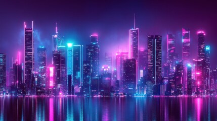 Fototapeta premium Nighttime Cityscape with Neon Lights Reflecting in Water