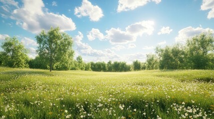 Naklejka premium Sunlit Meadow with Blooming Flowers