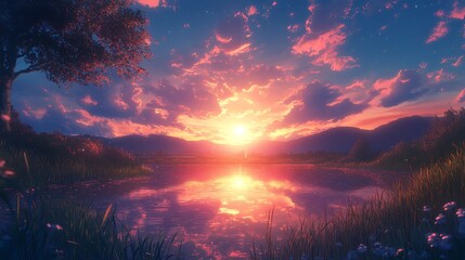 Obraz premium Beautiful sunset over calm lake with pink clouds and mountains in the background