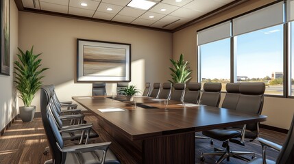 Fototapeta premium Modern Conference Room with Large Windows and Wooden Table