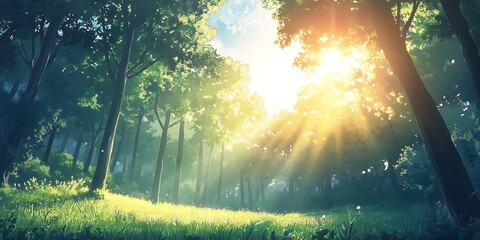 Fototapeta premium Sunbeams through the Trees in a Lush Forest