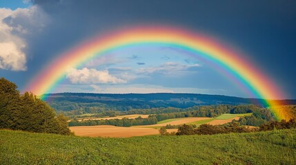 Obraz premium A stunning rainbow arcs across a blue sky, spanning over lush green hills and fields, creating a serene and colorful natural scene