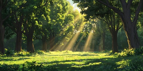 Obraz premium Sunlight shining through trees in a forest, green grass and nature scene