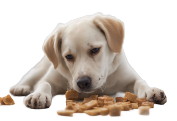 Dog chewing eating snack treat isolated on transparent background