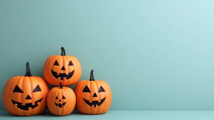 A group of smiling jack-o'-lantern pumpkins stacked against a pastel background, creating a fun and festive Halloween decoration
