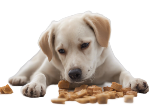 Dog chewing eating snack treat isolated on transparent background