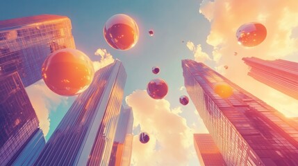 Obraz premium Cityscape with Large Reflective Spheres in a Cloudy Sky