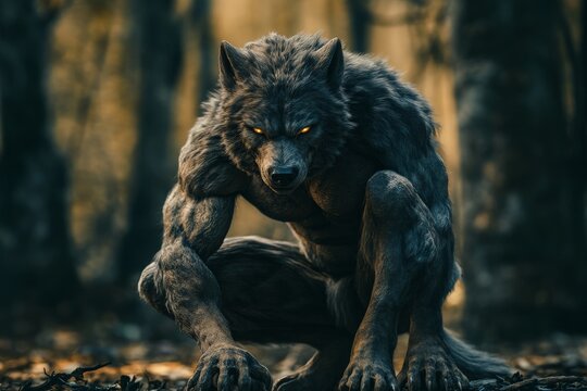 A powerful werewolf with gleaming eyes crouches with a fierce expression in a twilight forest, surrounded by towering trees and shadows, ready for an imminent leap.
