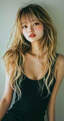 A pretty Japanese girl with long, wavy blonde hair and bangs, wearing a black tank top outfit, 