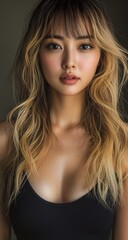 Naklejka premium A pretty Japanese girl with long, wavy blonde hair and bangs, wearing a black tank top outfit, 