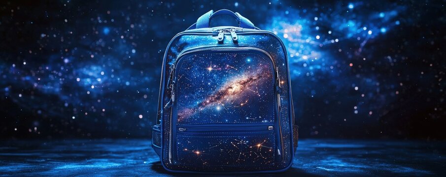 A cosmic-themed backpack decorated with dazzling constellations, blending educational utility with adventurous travel, against a starry, ethereal backdrop.