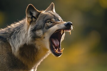A close-up image of a snarling wolf with its mouth open, displaying sharp teeth and projecting aggression and ferocity in a natural forest setting during daytime.