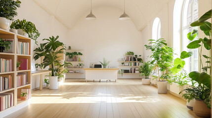 Brightly lit office or studio background with white walls, bookshelves, windows and plants. Great to use as a Zoom background for calls