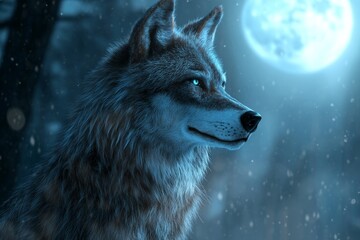 A wolf, illuminated by the full moon, gazes into the distance in a snowy forest. The scene is atmospheric and tranquil, capturing the wolf's grace and strength.