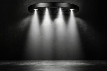 Obraz premium Black Circular Ceiling Light with Three Beams Illuminating a Dark Room