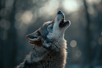 Naklejka premium A solitary wolf captured in mid-howl amidst a twilight forest. The scene embodies a sense of mystery and the untamed spirit of the wilderness.