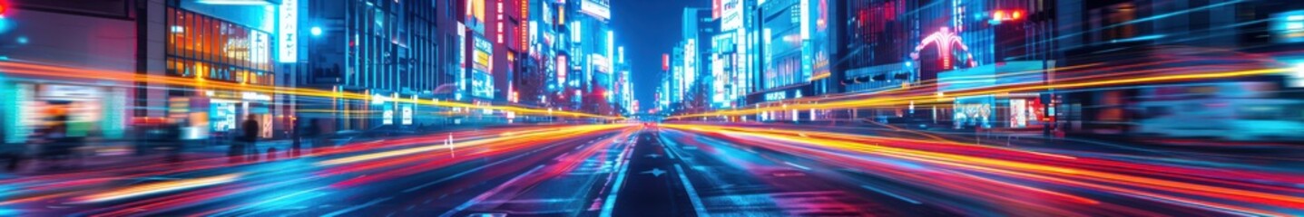 Busy street at night illuminated by neon lights, with blurred car lights creating a dynamic urban scene. Free copy space for banner.