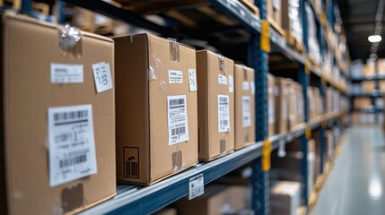 Quality control tags attached to boxes on a warehouse shelf, product tracking, inventory and quality assurance