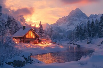 A cottage in a snowy mountain, a river in front of it, winter wonderland art painting
