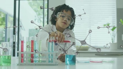 Animation of molecules and data processing over african american boy scientist with test tubes - Powered by Adobe