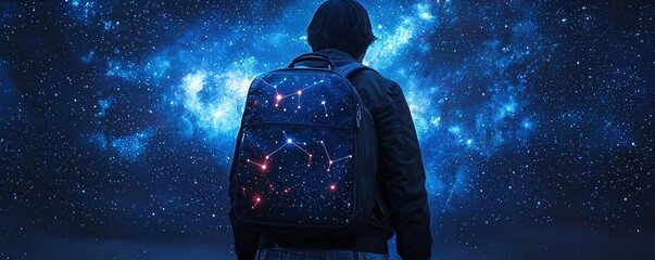 A sleek, celestial-themed backpack featuring glowing constellations, perfect for educational exploration and travel, with a cosmic background symbolizing boundless creativity.
