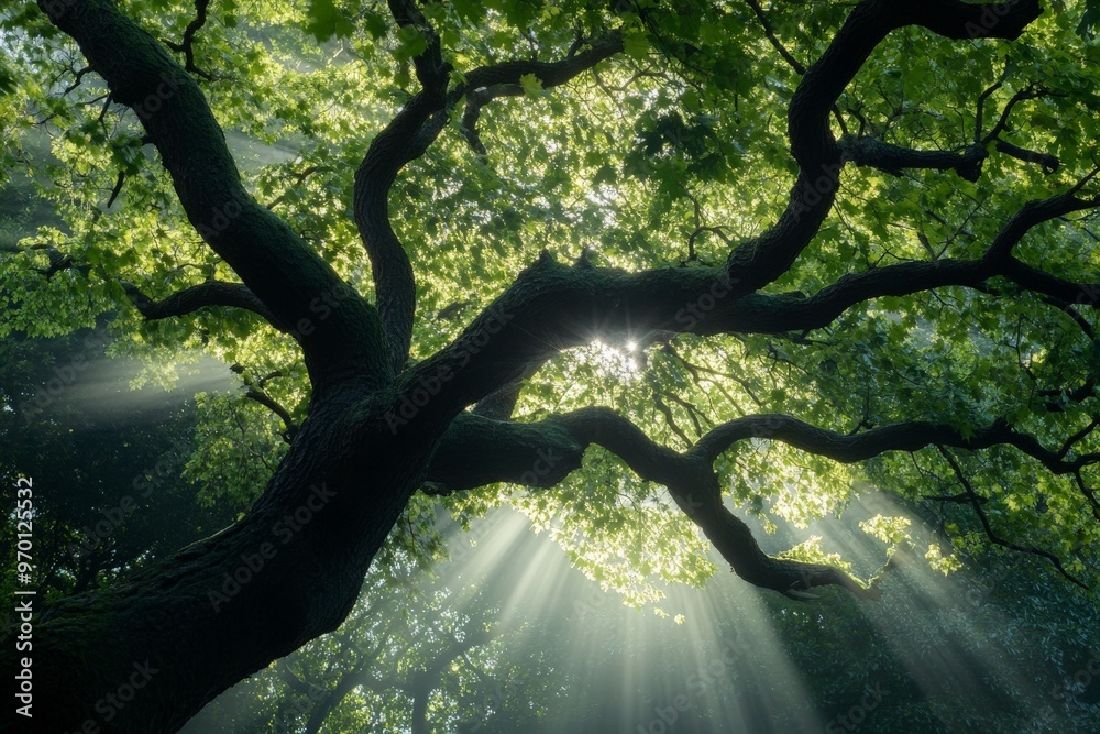 Poster Close-up of a large tree with thick branches, sunlight filtering through the leaves, casting beautiful rays and creating a peaceful and serene atmosphere in a forest setting.
