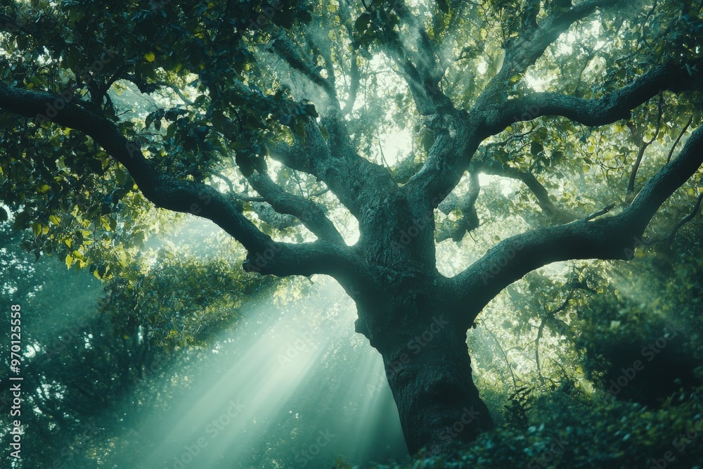 Poster View of a tree with sunlight cascading through its dense foliage, creating a mystical and enchanting ambiance in the forest, emphasizing nature's beauty and tranquility.