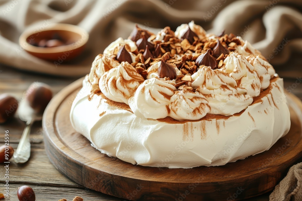 Wall mural Meringue cake with chestnut cream on wooden background