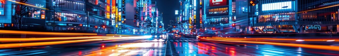 Obraz premium Busy street at night illuminated by neon lights, with blurred car lights creating a dynamic urban scene. Free copy space for banner.