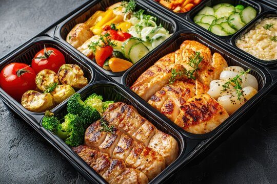 Menu featuring healthy options delivered in lunch boxes including beef chicken fish and vegetables Daily meal plan delivery with online ordering and take