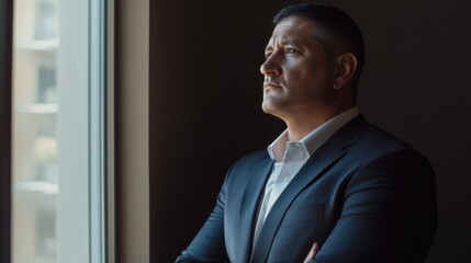 Fototapeta premium Man in Suit Looking Out Window With Arms Crossed