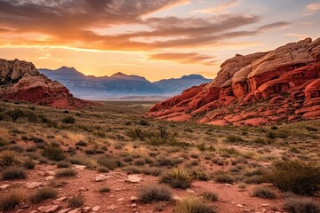 Obraz premium Red rock formations glow under a setting sun in a desert landscape, The vibrant red and orange cliffs stand tall against a backdrop of mountains.