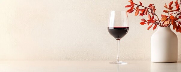 Modern minimalist wine bar setting with a single glass of wine, tannins highlighted, Wine Red Tannins, Contemporary Wine Culture