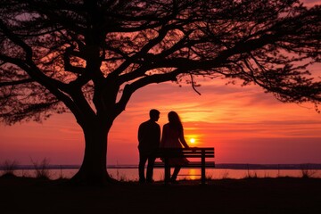 A couple embracing under a tree at sunset, creating a romantic silhouette against the colorful sky.