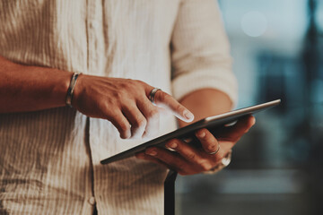 Night, tablet and hands with employee in office for network, communication or administration....
