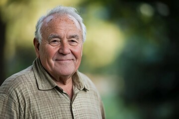 An elderly man stands outdoors with a gentle smile on his face, exuding peace and contentment amidst the greenery and natural light, enjoying a tranquil moment in nature.