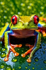 Fototapeta premium red eyed close up of a frog with green vivid colors..