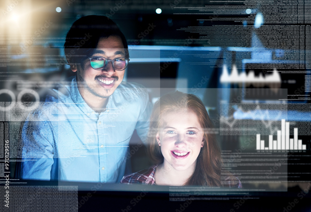 Poster Smile, people and coding overlay at night for web research, software programmer and digital interface. Staff, it and futuristic hub with dashboard programming, high tech and computing deadline