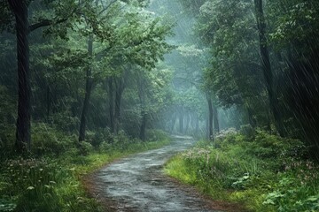 Fototapeta premium Rain fell softly on the idyllic forest path like a wallpaper