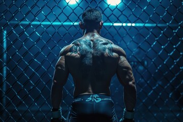 Rear view of a fighter in an octagon cage emphasizing sports Muay Thai and martial arts