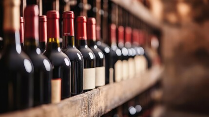 Vintage wine cellar with racks filled with red wine bottles, tannins emphasized through color grading, Wine Red Tannins, Historical Winery Charm