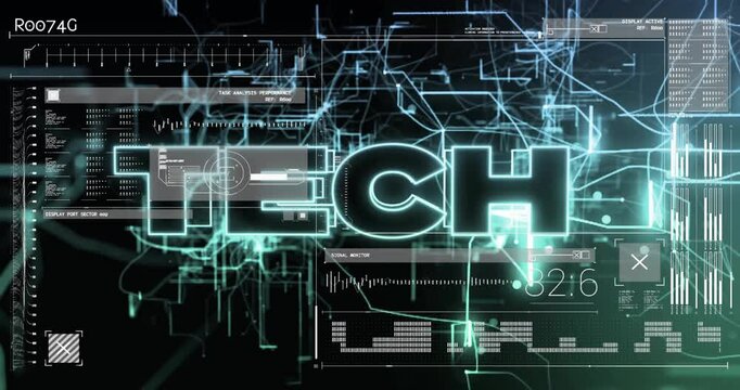 Animation of digital data processing over tech texy and computer servers