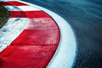 Red and white curb on a racing track close up with tire tracks