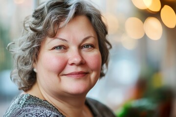 A woman with short, curly hair smiles warmly, captured in soft focus indoors with a blurred background. Her welcoming expression creates a comforting and relatable mood.
