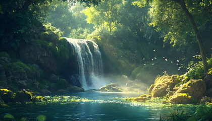 Lush green forest with cascading waterfall and serene blue water.