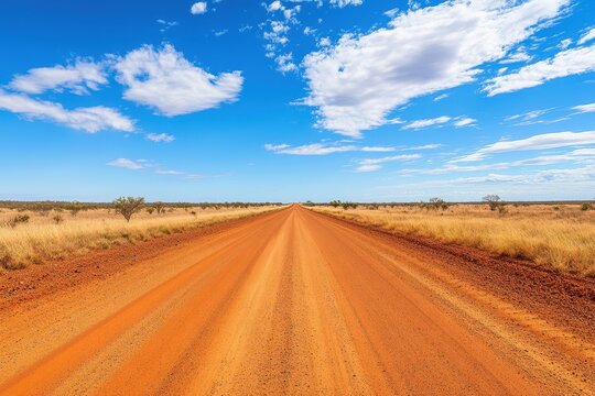 Red dirt road view in rural New South Wales Australia under blue sky