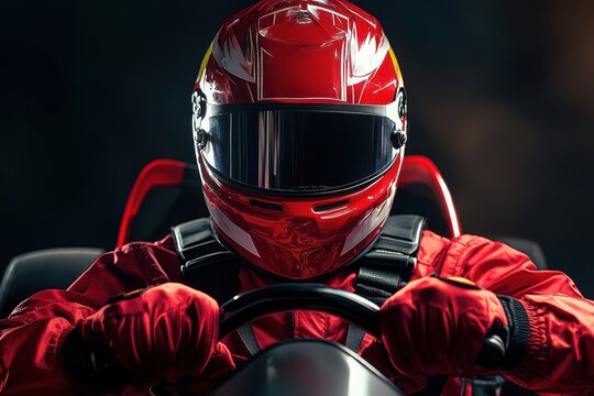 Red go kart racer in uniform with gloves and helmet
