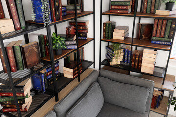 Modern shelving unit with books in home library